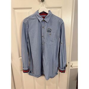 S. Oliver Blue & White Gingham Reverse Cuff Roll Tab Sleeve Button Up Shirt sz L